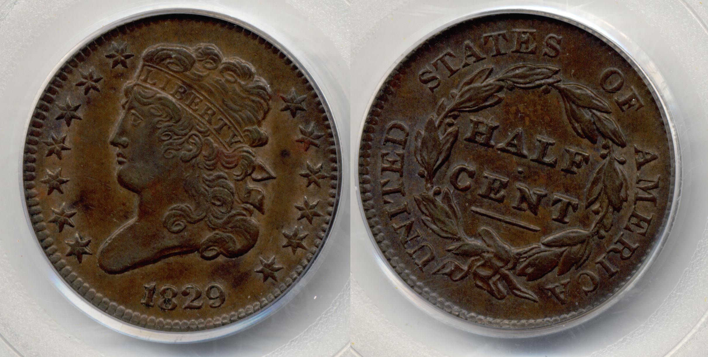 1829 Classic Head Half Cent PCGS AU-53