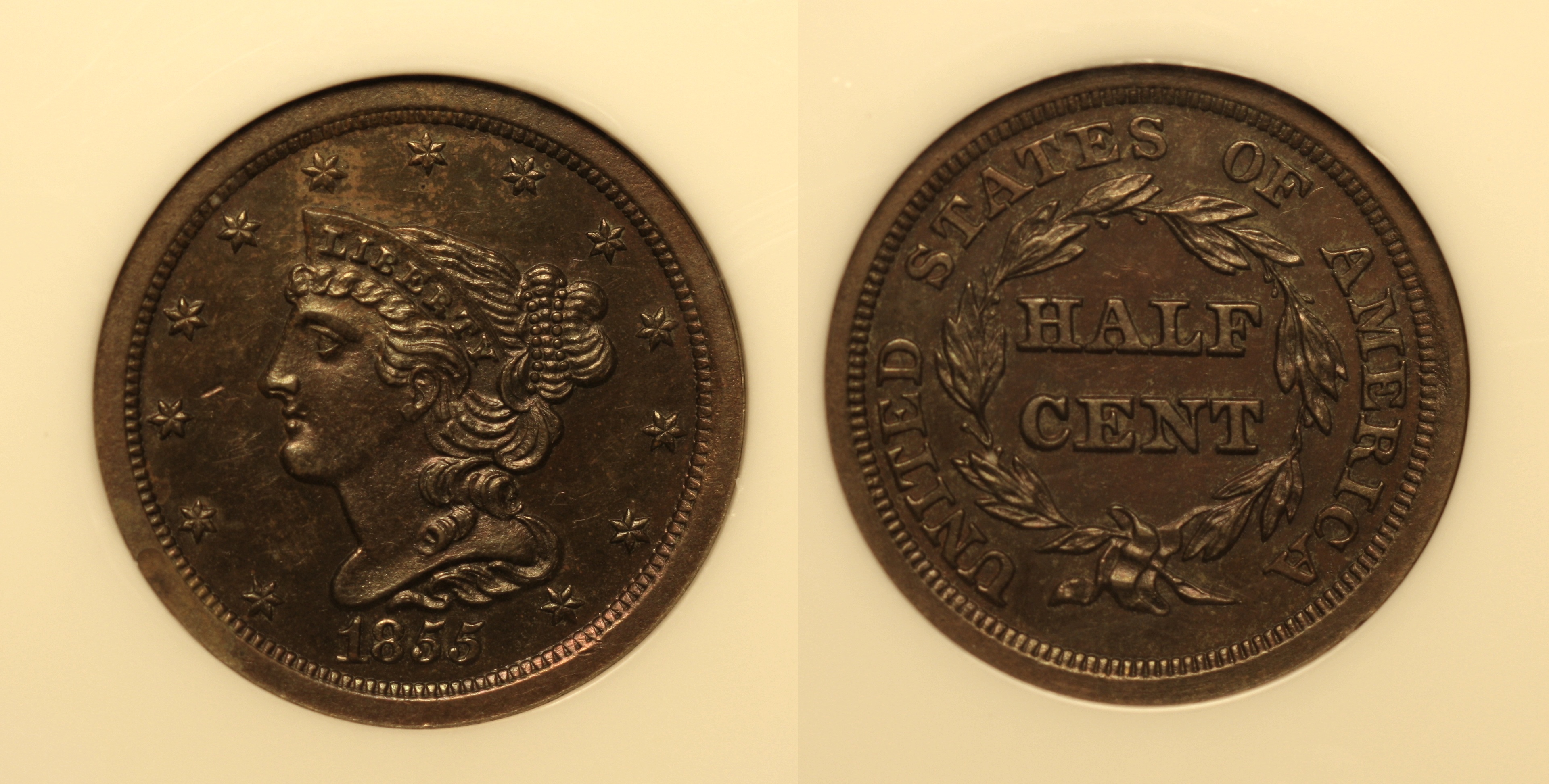 1855 Coronet Half Cent in NGC Proof-64 Brown camera