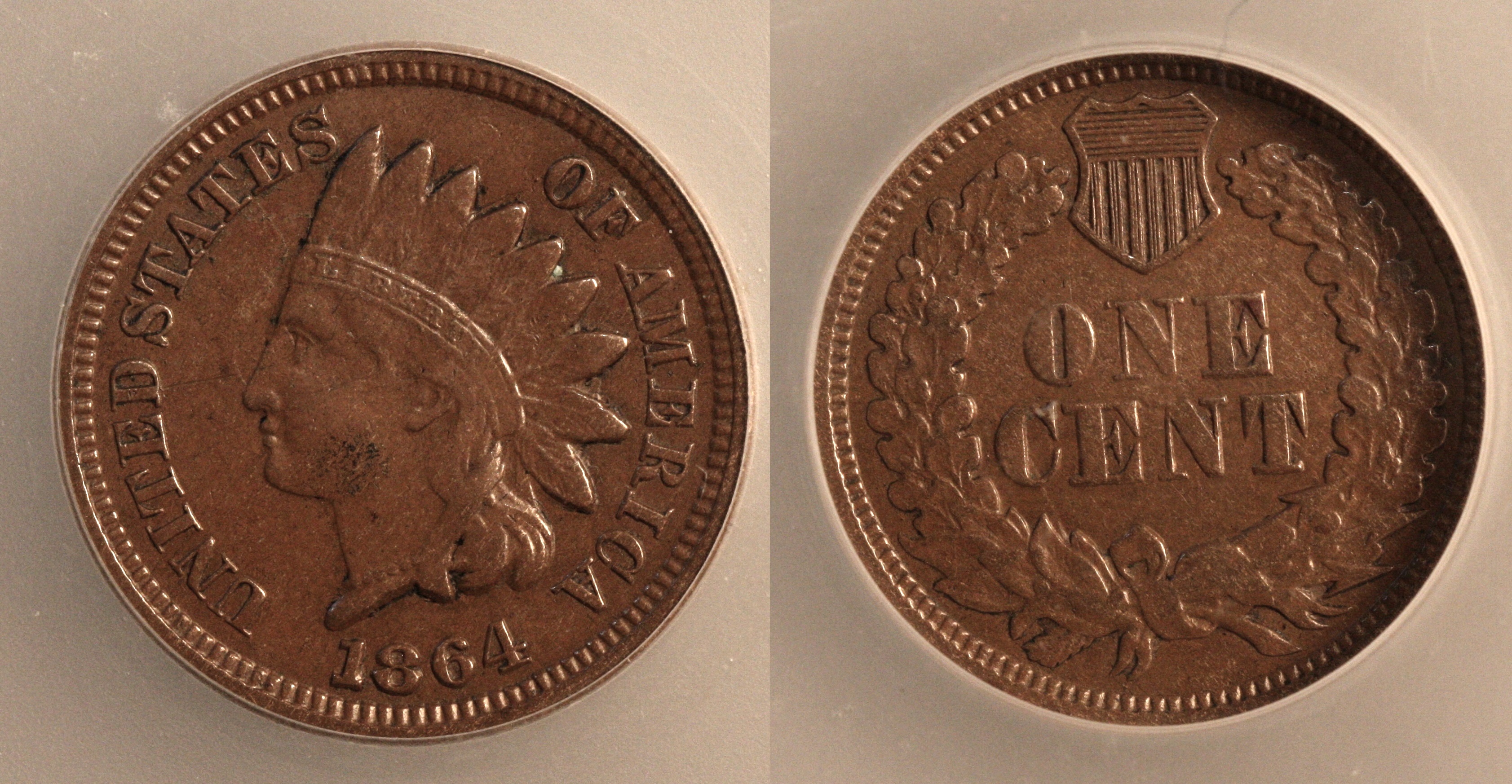 1864 Bronze Indian Head Cent ICG EF-45 Clashed Dies camera
