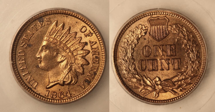 1864 Bronze Indian Head Cent SEGS MS-62 Red Brown camera small