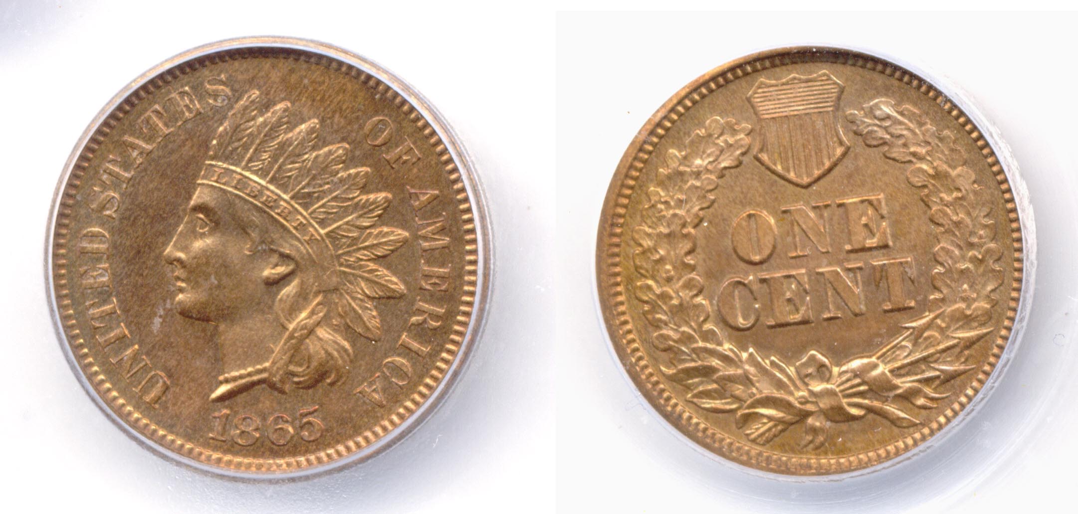 1865 Indian Head Cent in ICG Proof-65 Red Brown
