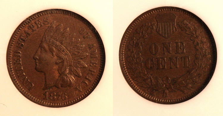 1876 Indian Head Cent NGC MS-63 Brown camera small