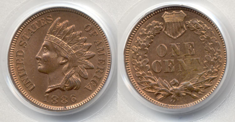 1886 Type 2 Indian Head Cent PCGS MS-64 Red Brown small