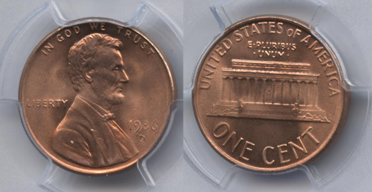 1986-D Lincoln Cent PCGS MS-67 Red small