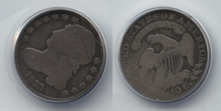 1833 Capped Bust Dime ANACS Good-6 Scratched small