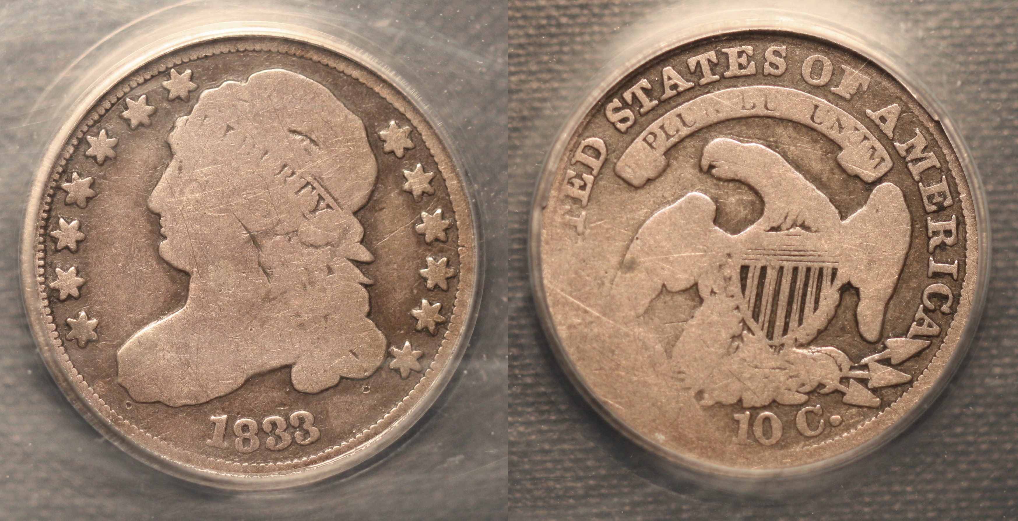 1833 Capped Bust Dime ANACS Good-6 Scratched camera