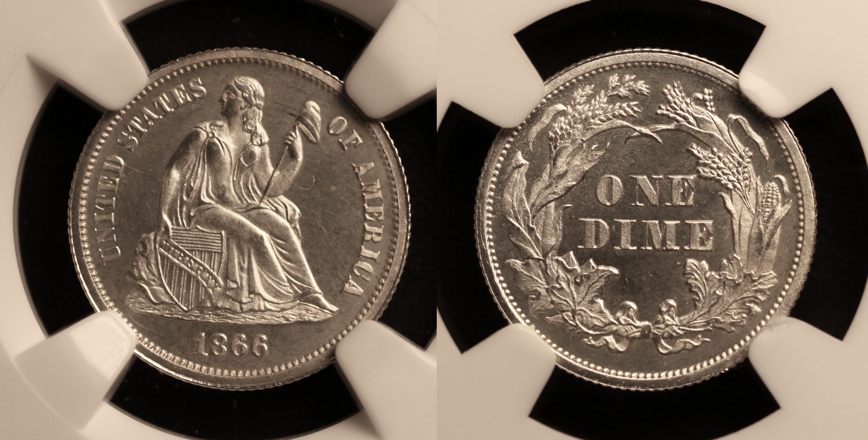1866 Seated Liberty Dime NGC Proof-65 Cameo camera
