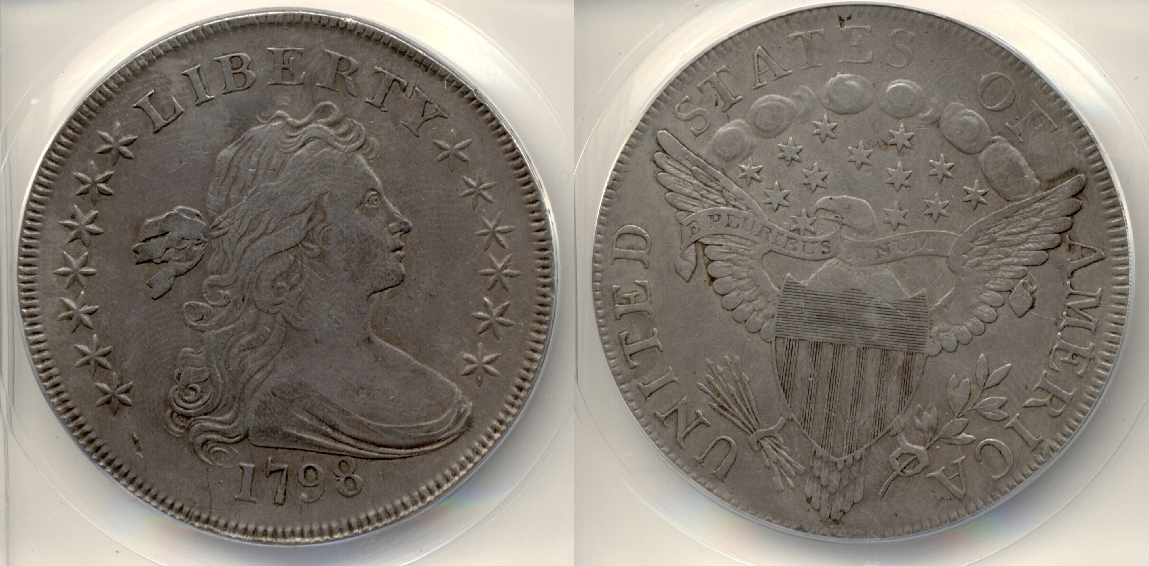 1798 Draped Bust Large Eagle Silver Dollar ANACS EF-40