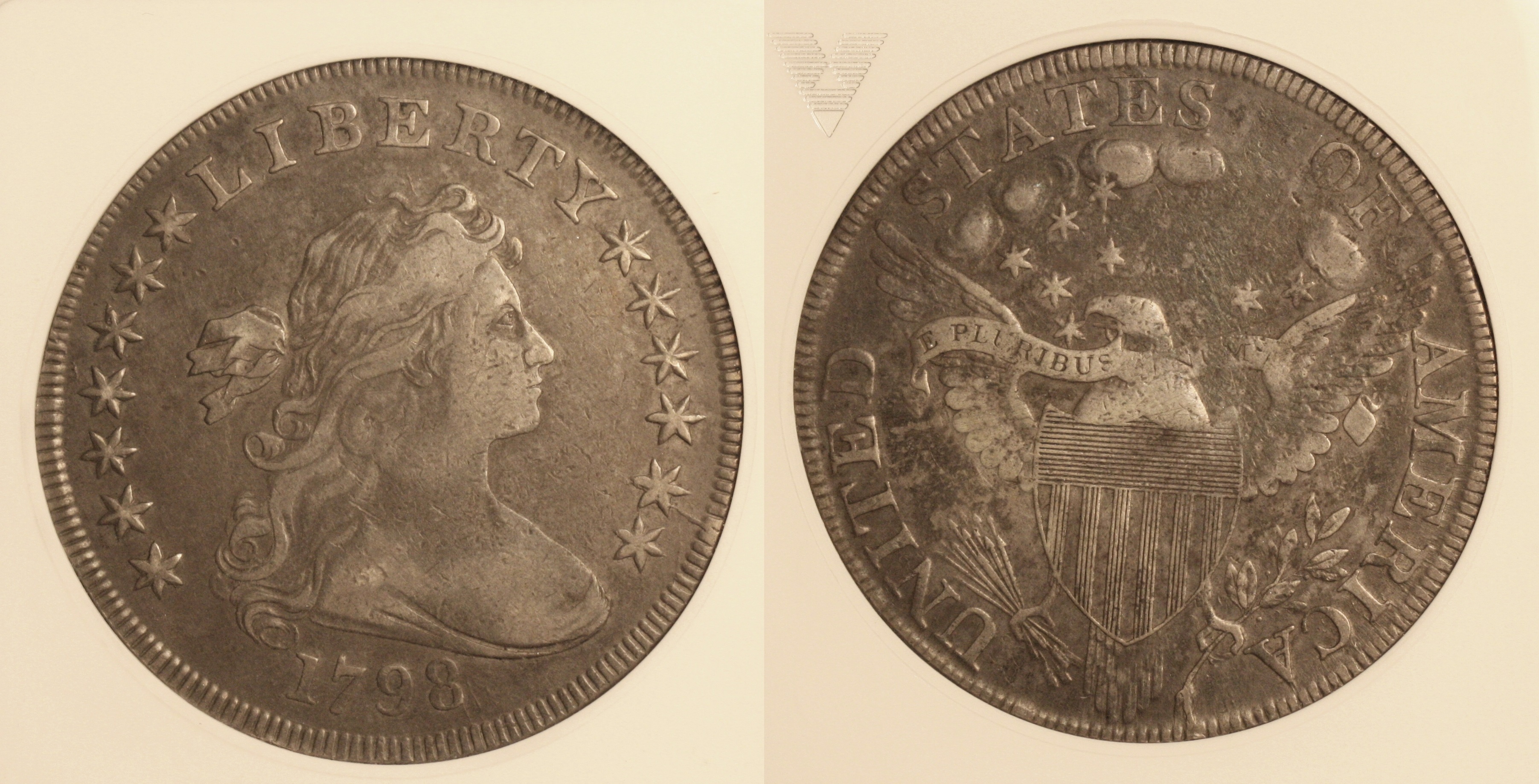 1798 Draped Bust Large Eagle Silver Dollar ANACS EF net VF-20 camera