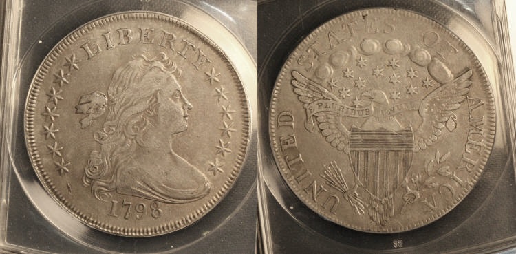 1798 Draped Bust Large Eagle Silver Dollar ANACS EF-40 camera small