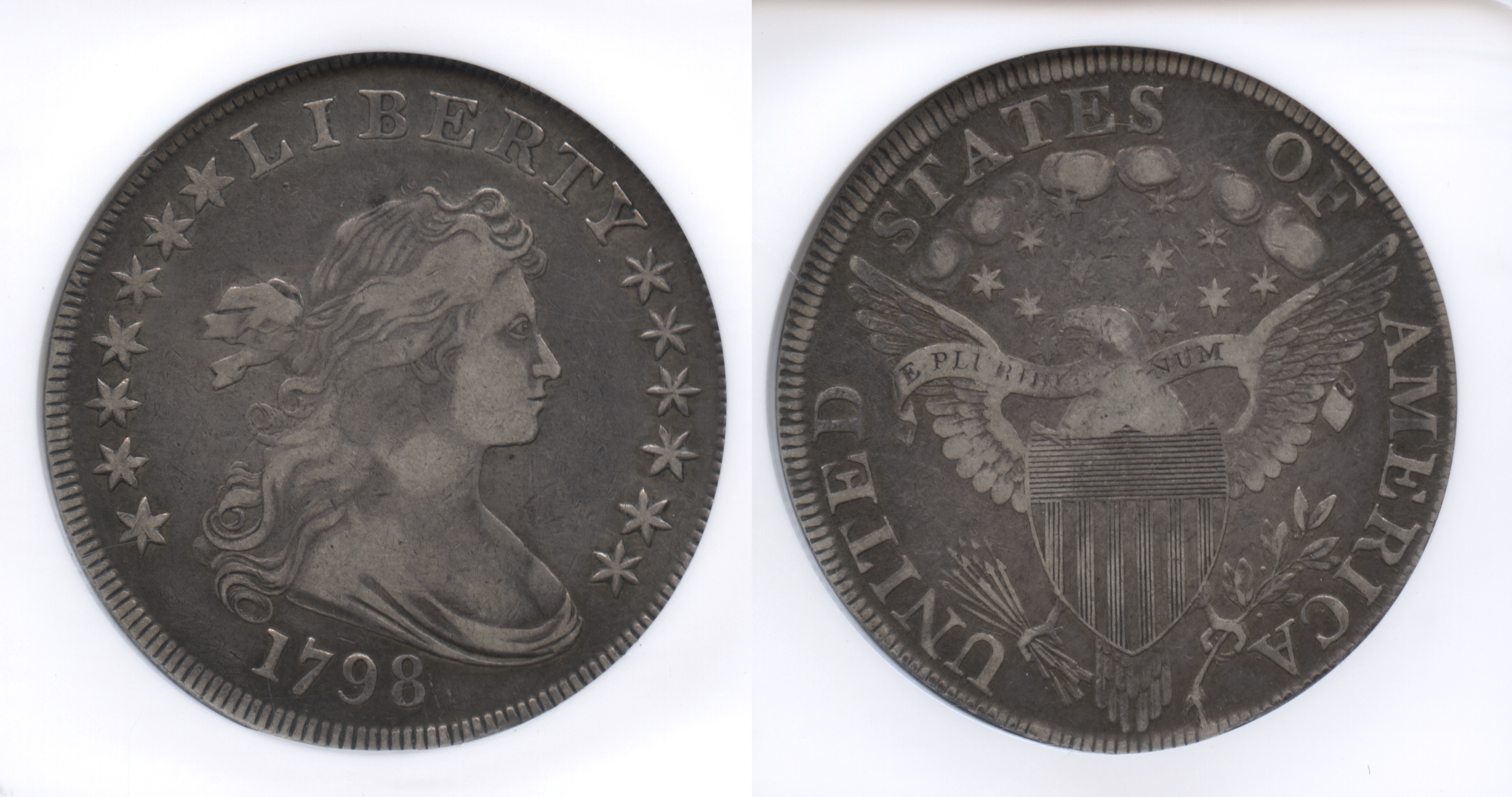 1798 Draped Bust Large Eagle Silver Dollar Pointed 9, Wide Date, BB-124, B-24 ANACS VF-30