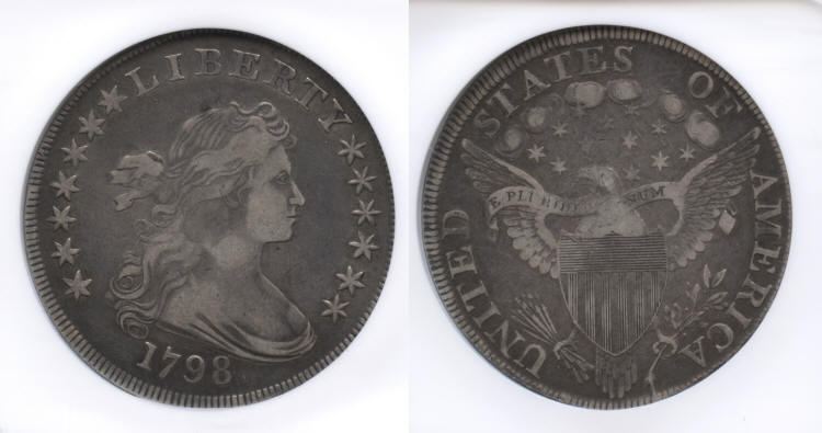 1798 Draped Bust Large Eagle Silver Dollar Pointed 9, Wide Date, BB-124, B-24 ANACS VF-30 small