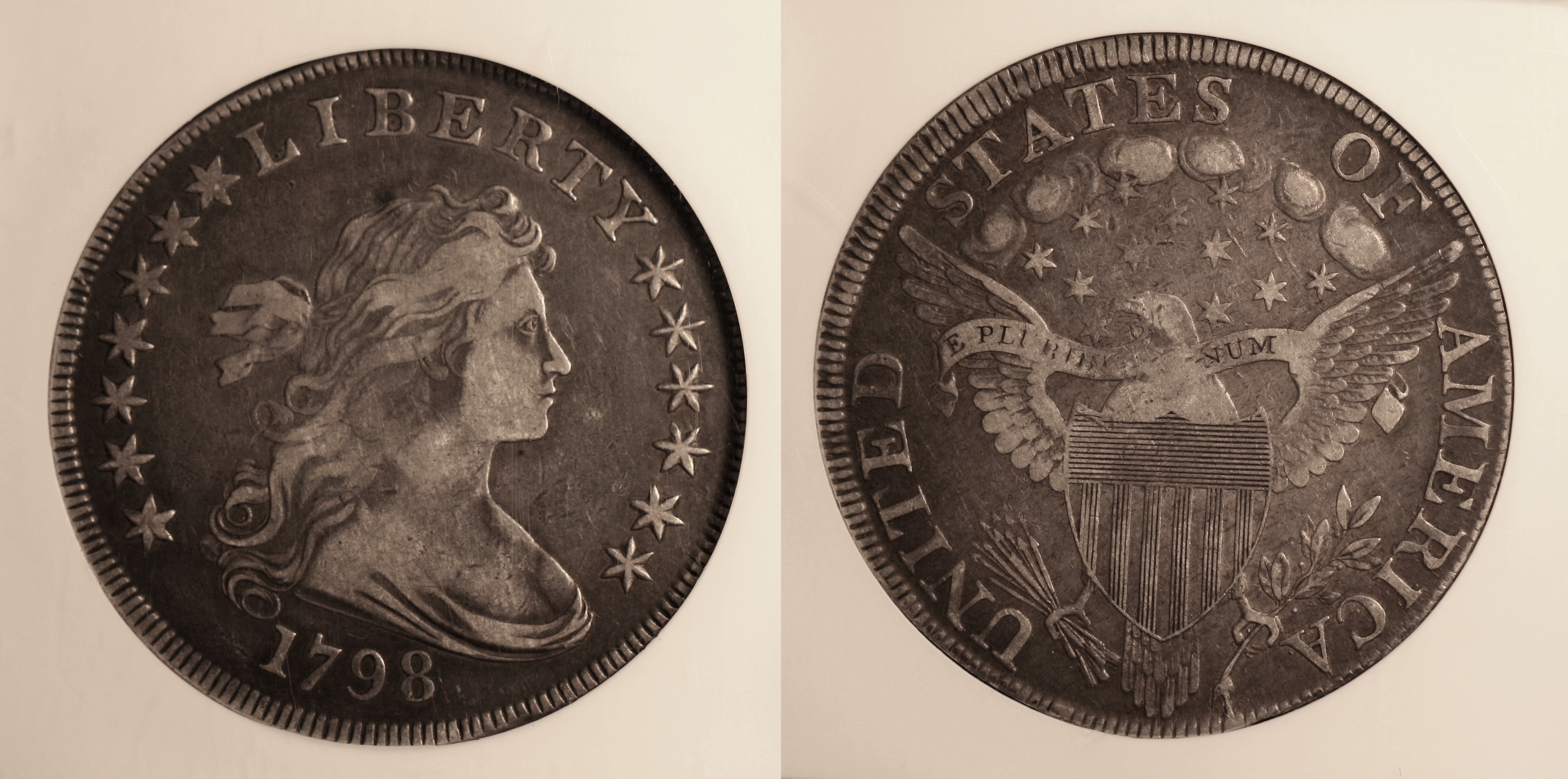 1798 Draped Bust Large Eagle Silver Dollar Pointed 9, Wide Date, BB-124, B-24 ANACS VF-30 camera