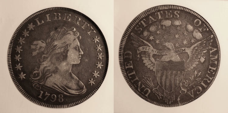 1798 Draped Bust Large Eagle Silver Dollar Pointed 9, Wide Date, BB-124, B-24 ANACS VF-30 camera small