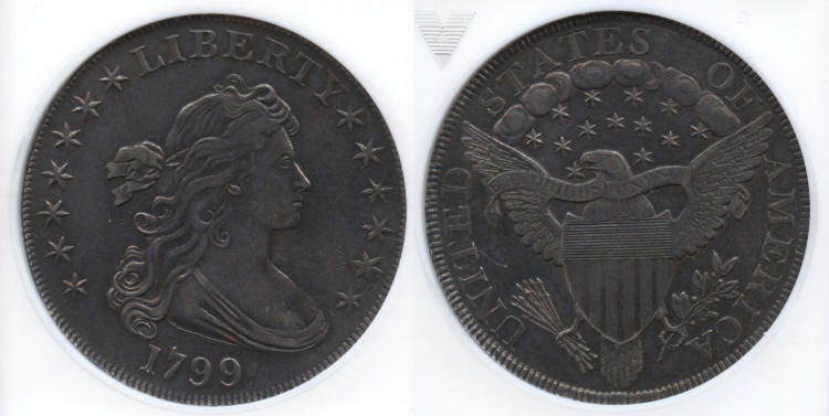 1799 Draped Bust Large Eagle Silver Dollar ANACS AU-50 small