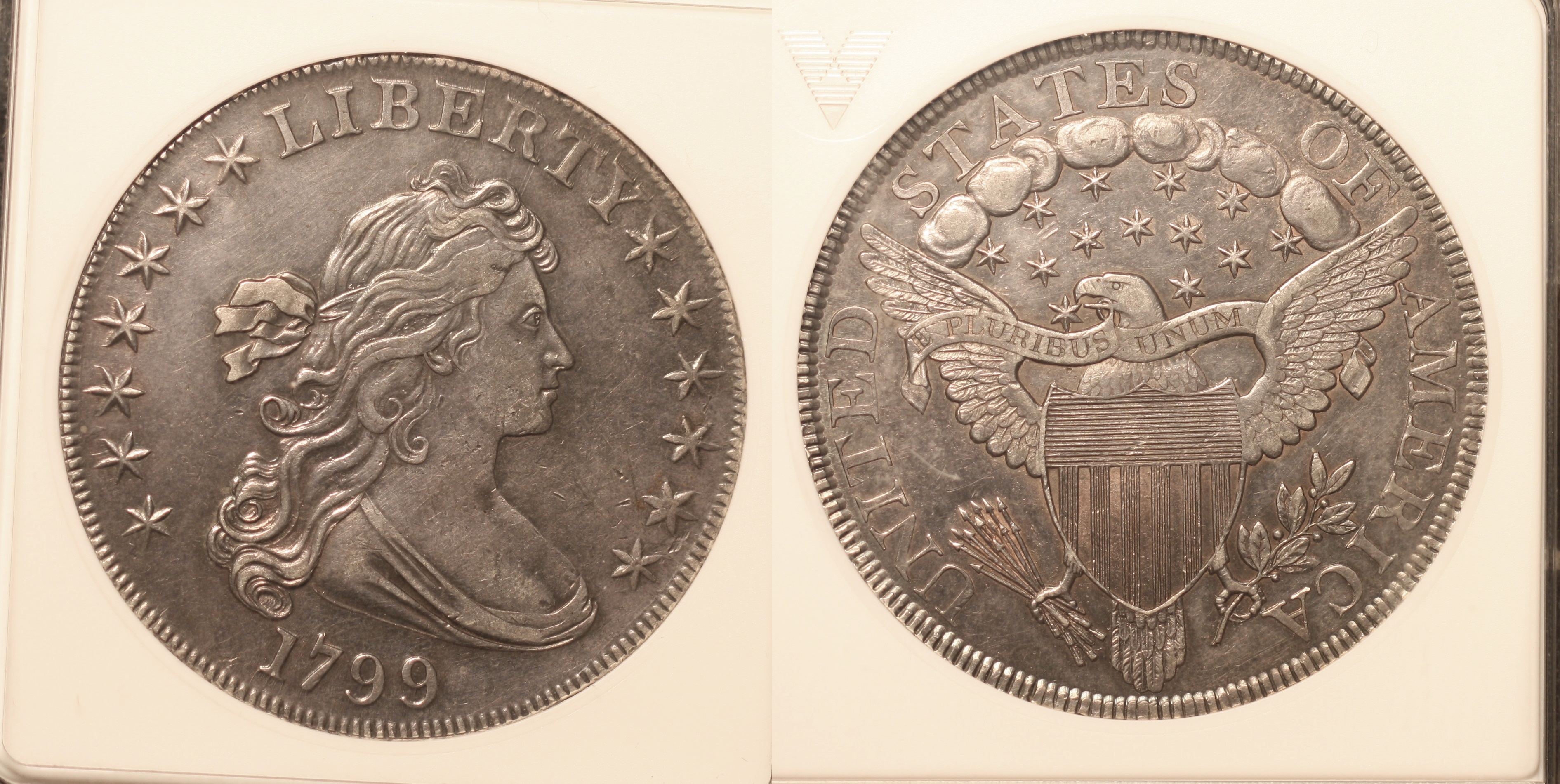 1799 Draped Bust Large Eagle Silver Dollar ANACS AU-50 camera