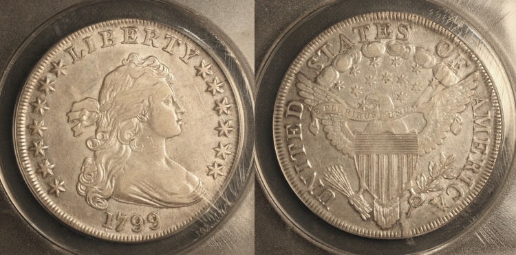 1799 Draped Bust Large Eagle Silver Dollar ANACS EF-40 #b camera small