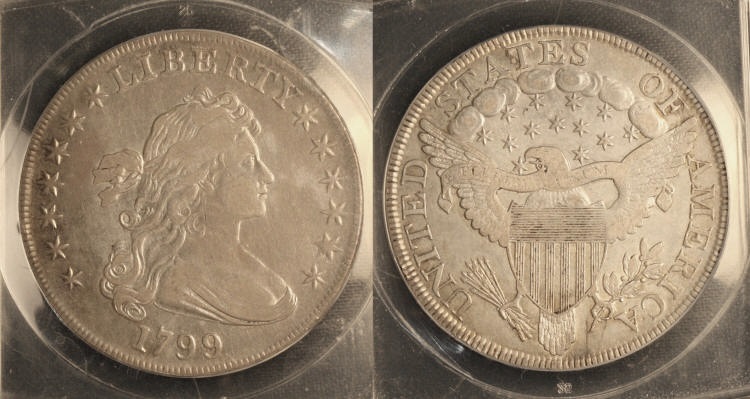 1799 Draped Bust Large Eagle Silver Dollar ANACS EF-40 camera small