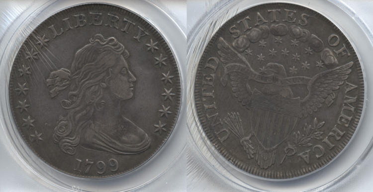 1799 Draped Bust Large Eagle Silver Dollar ANACS EF-45 small