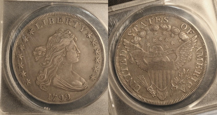 1799 Draped Bust Large Eagle Silver Dollar ANACS EF-45 camera small