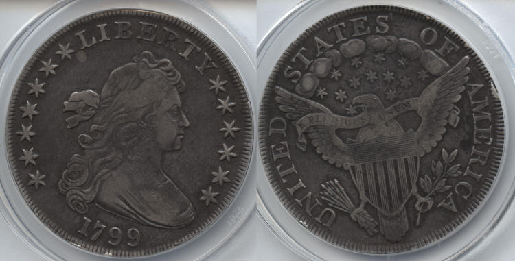 1799 Draped Bust Large Eagle Silver Dollar ANACS VF-30 small