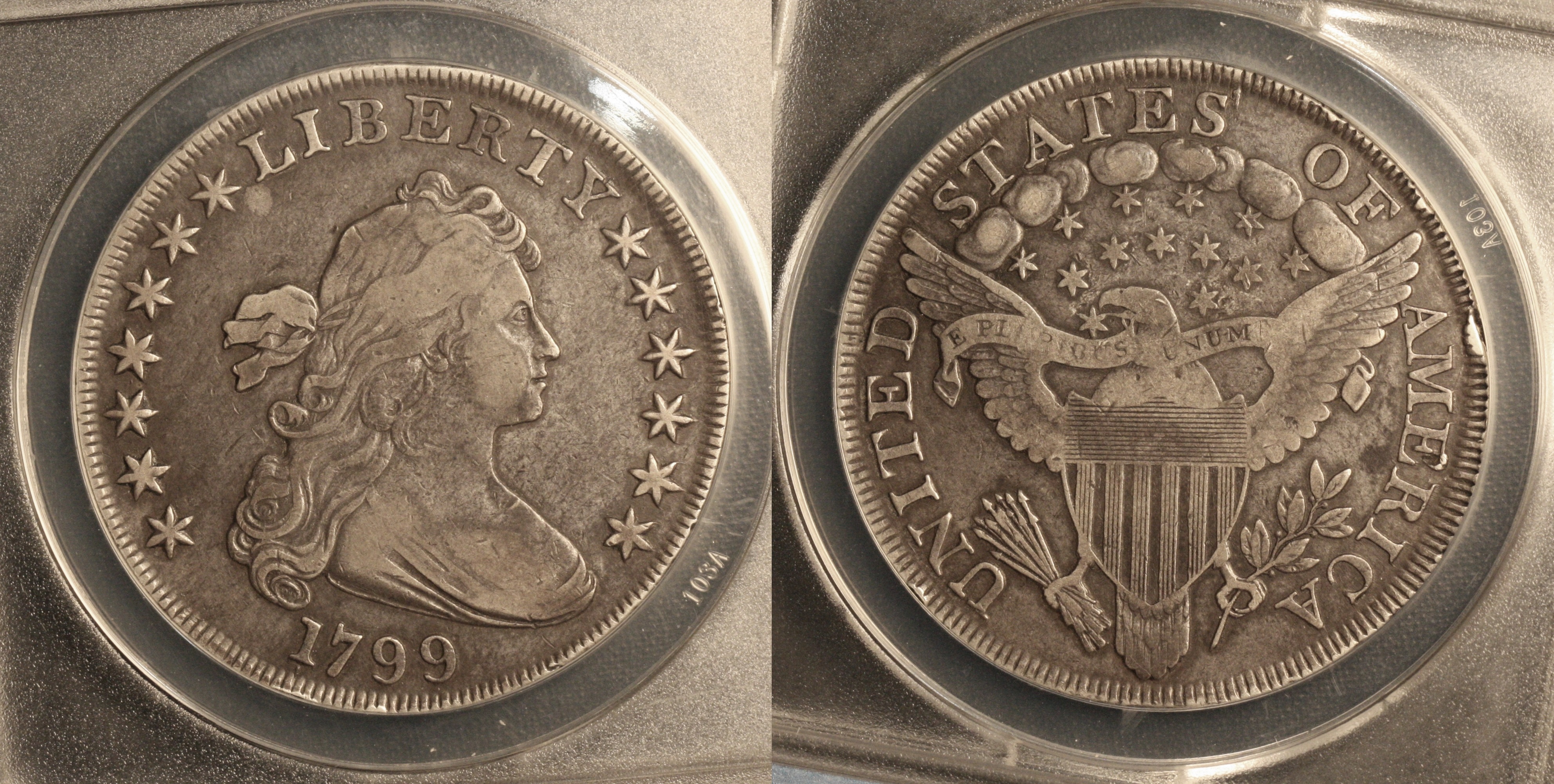 1799 Draped Bust Large Eagle Silver Dollar ANACS VF-30 camera