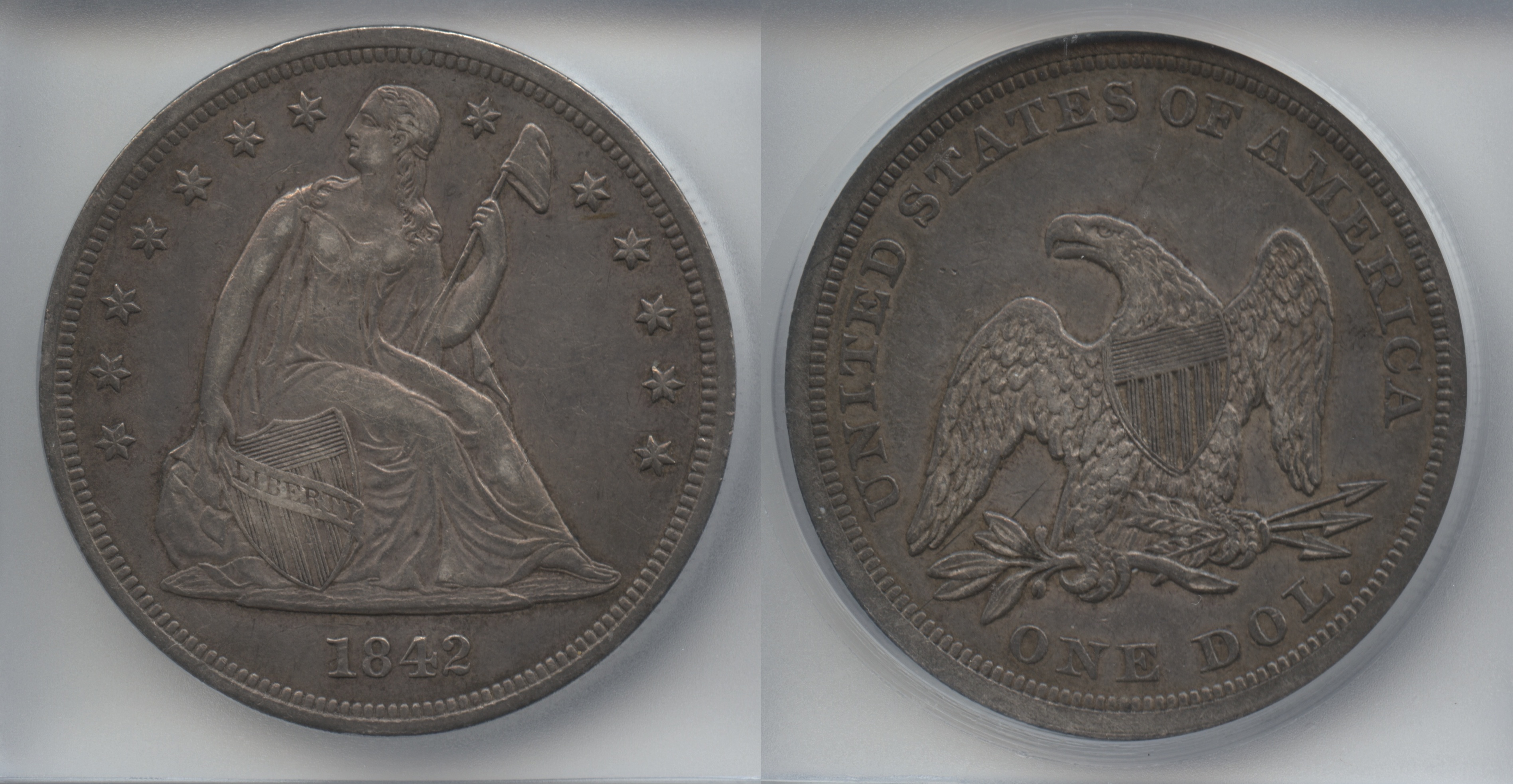 1842 Seated Liberty Silver Dollar ICG AU-50