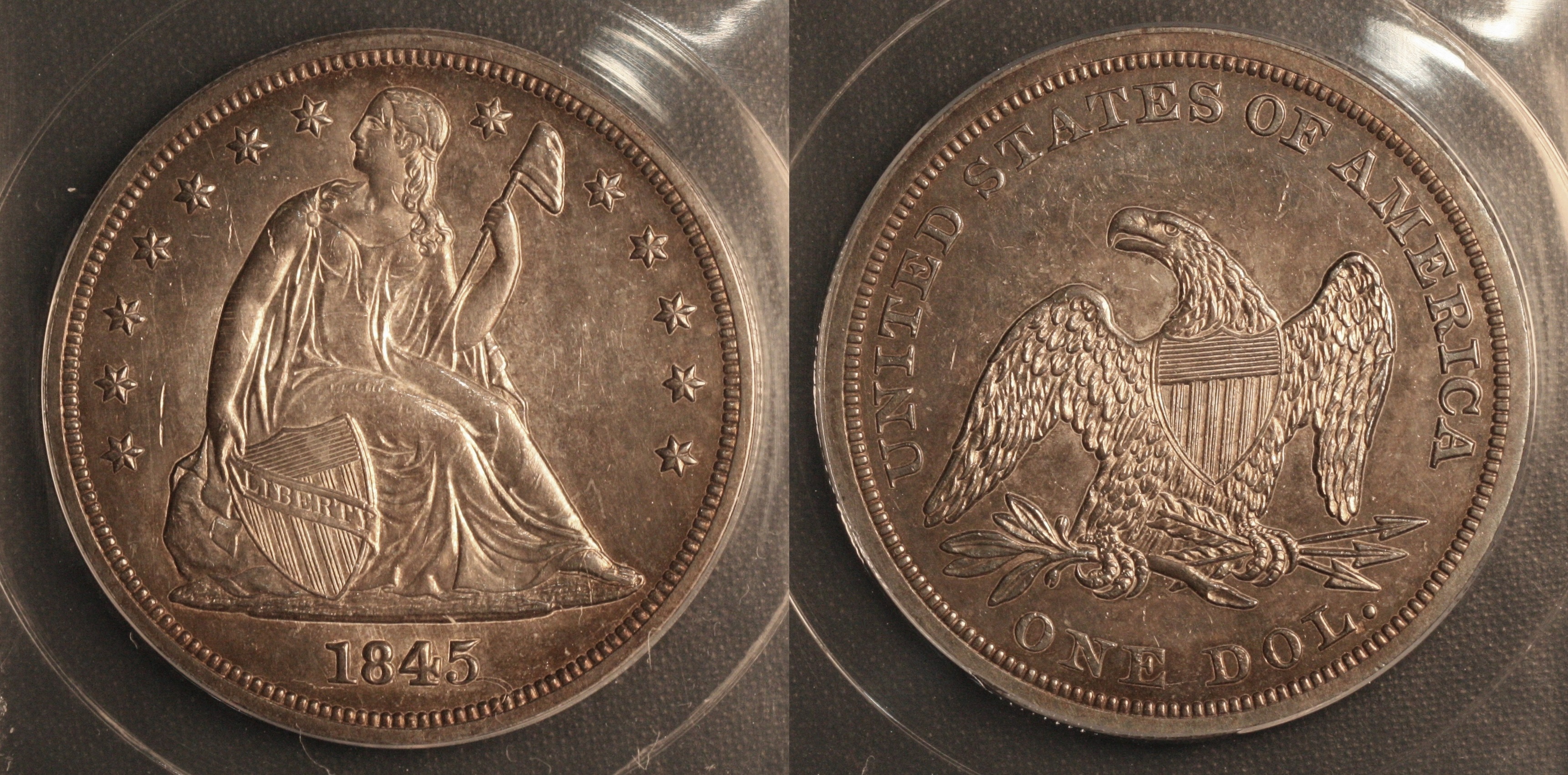 1845 Seated Liberty Silver Dollar ANACS MS-61 camera