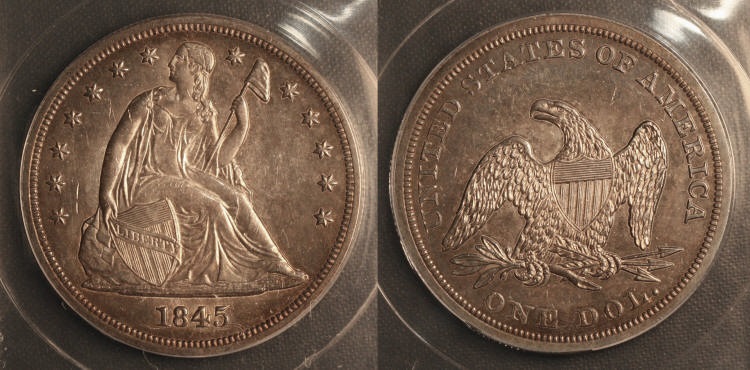 1845 Seated Liberty Silver Dollar ANACS MS-61 camera small