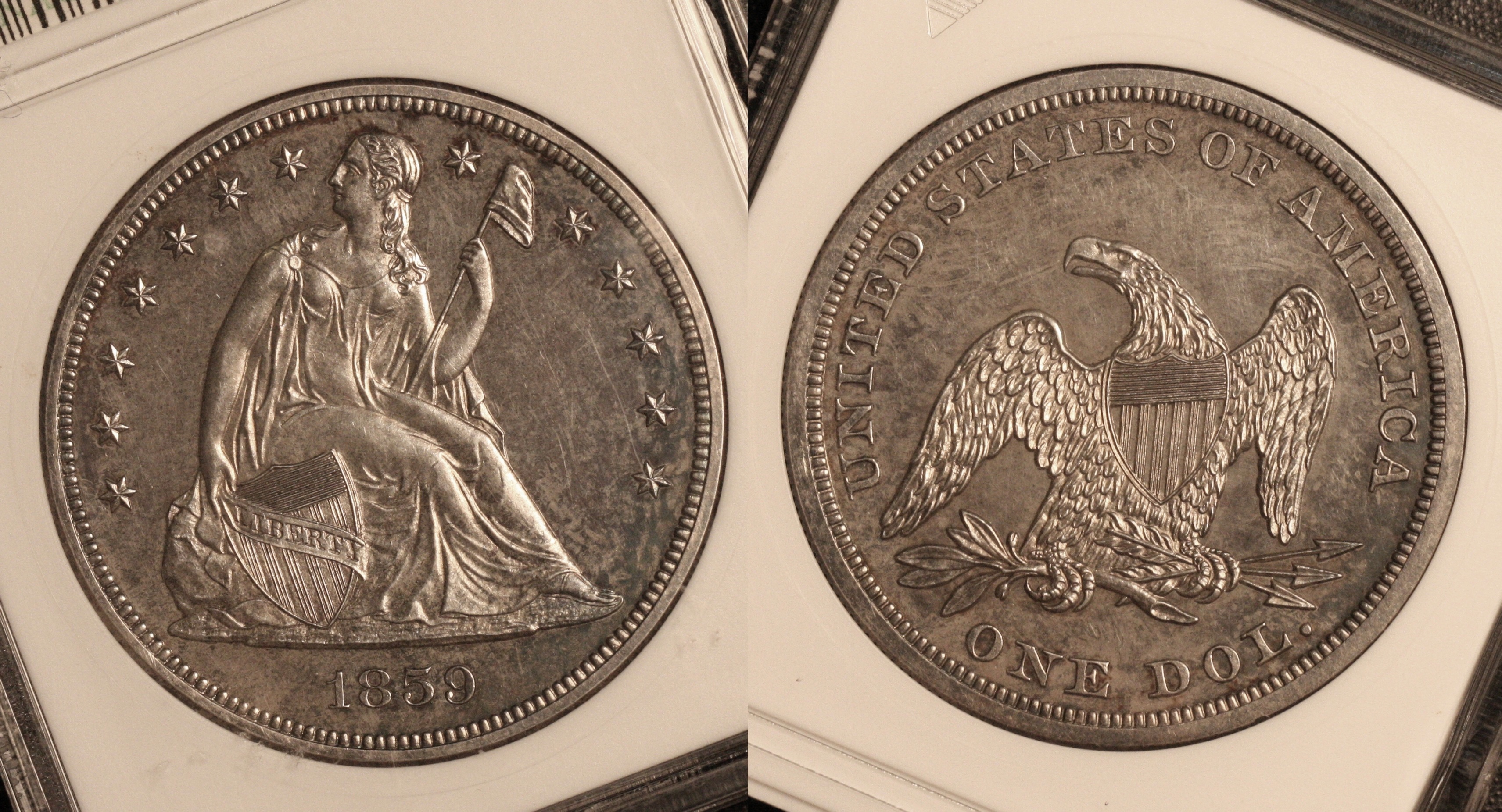 1859 Seated Liberty Silver Dollar ANACS Proof-64 camera