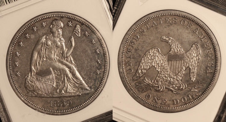 1859 Seated Liberty Silver Dollar ANACS Proof-64 camera small