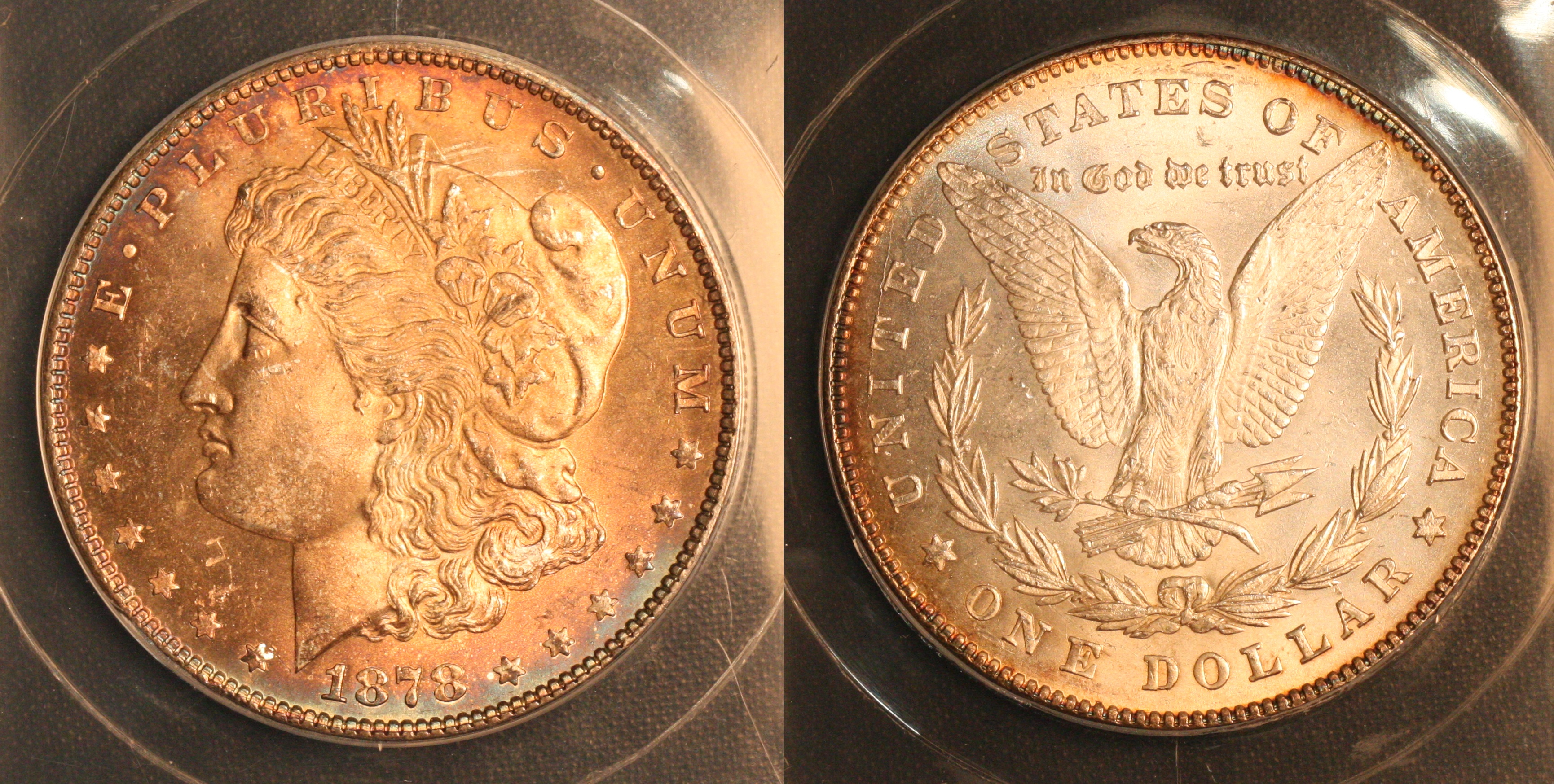 1878 7 Tailfeathers Morgan Silver Dollar ANACS MS-65 camera