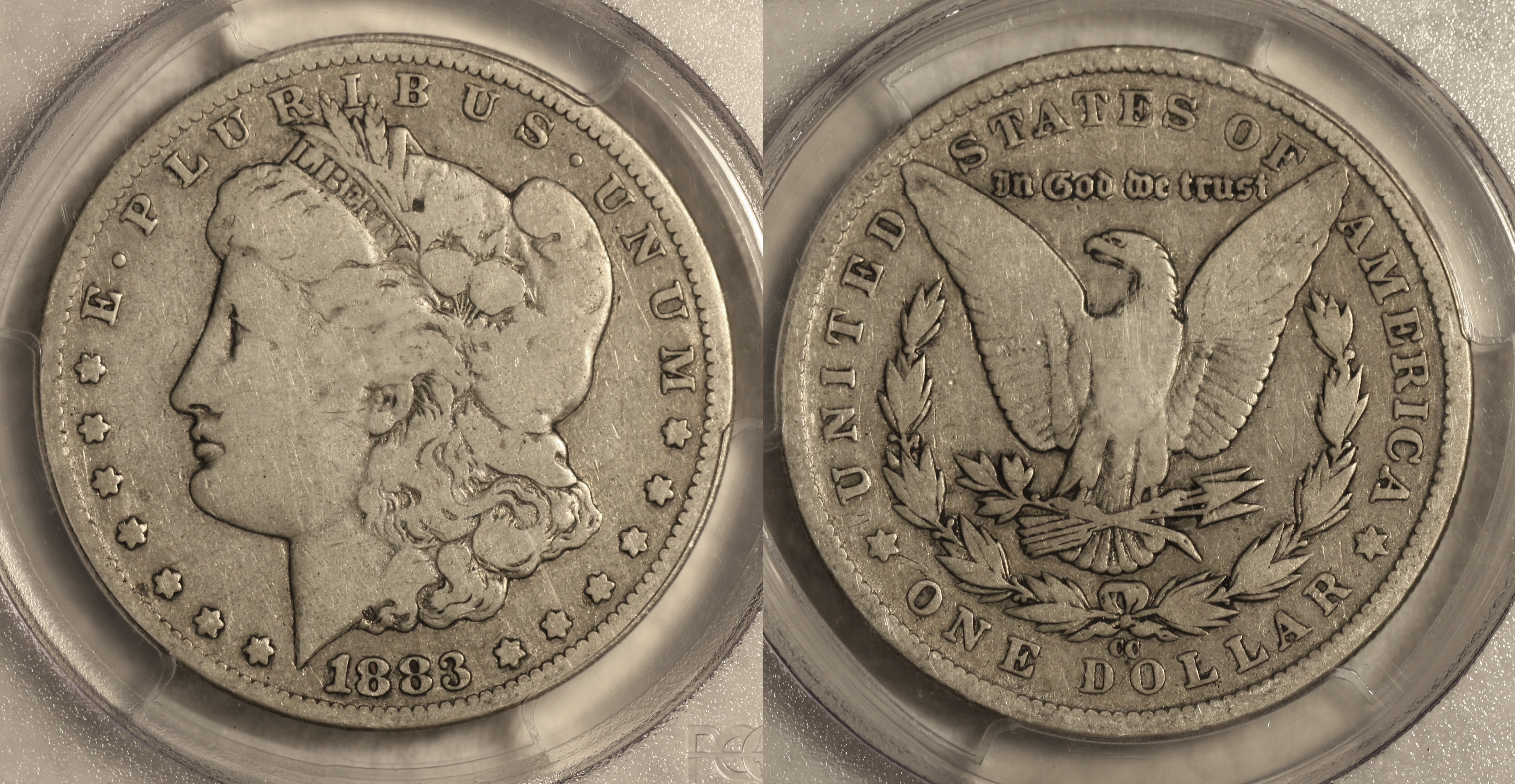 1883-CC Morgan Silver Dollar PCGS VG-8 VAM-2 Slanted CC camera
