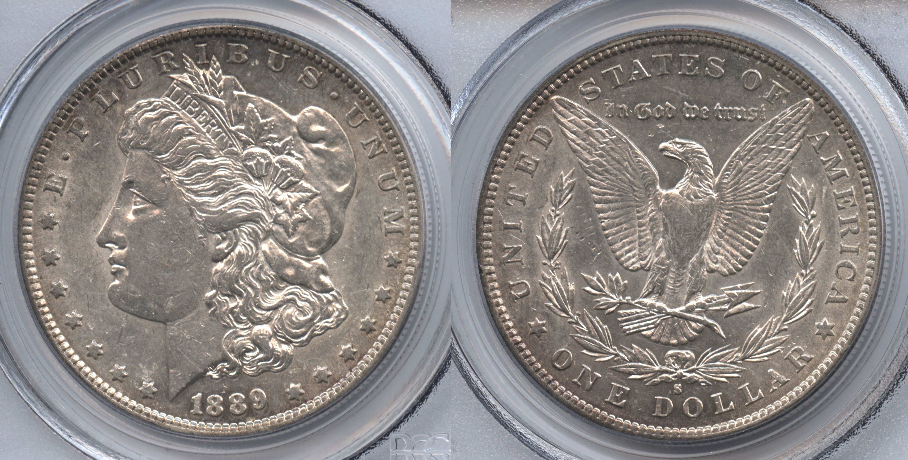 1889-S Morgan Silver Dollar PCGS AU-53 VAM-9, Far Slanted Date