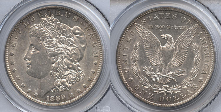 1889-S Morgan Silver Dollar PCGS AU-53 VAM-9, Far Slanted Date small