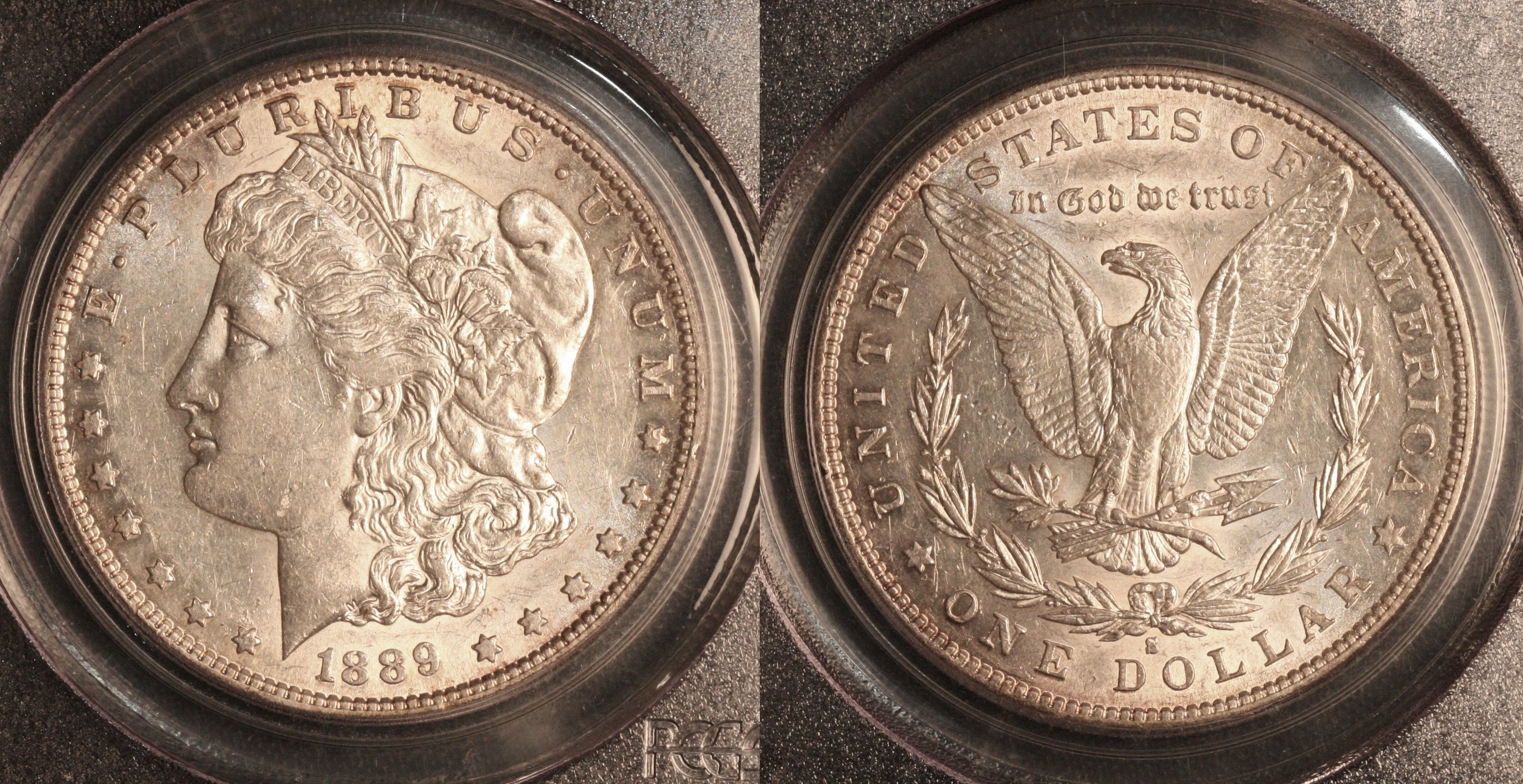 1889-S Morgan Silver Dollar PCGS AU-53 VAM-9, Far Slanted Date camera