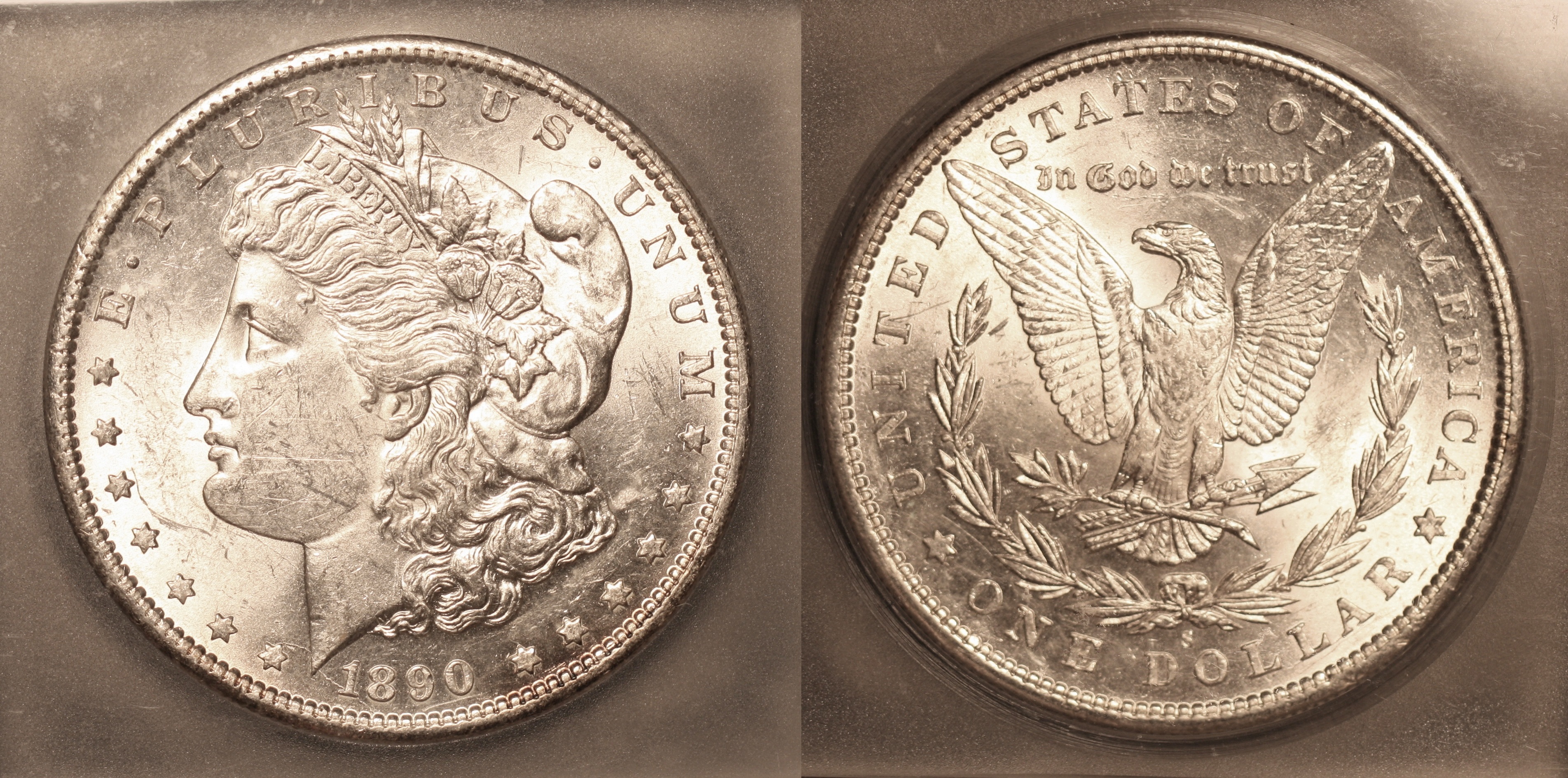 1890-S Morgan Silver Dollar ICG MS-61 camera