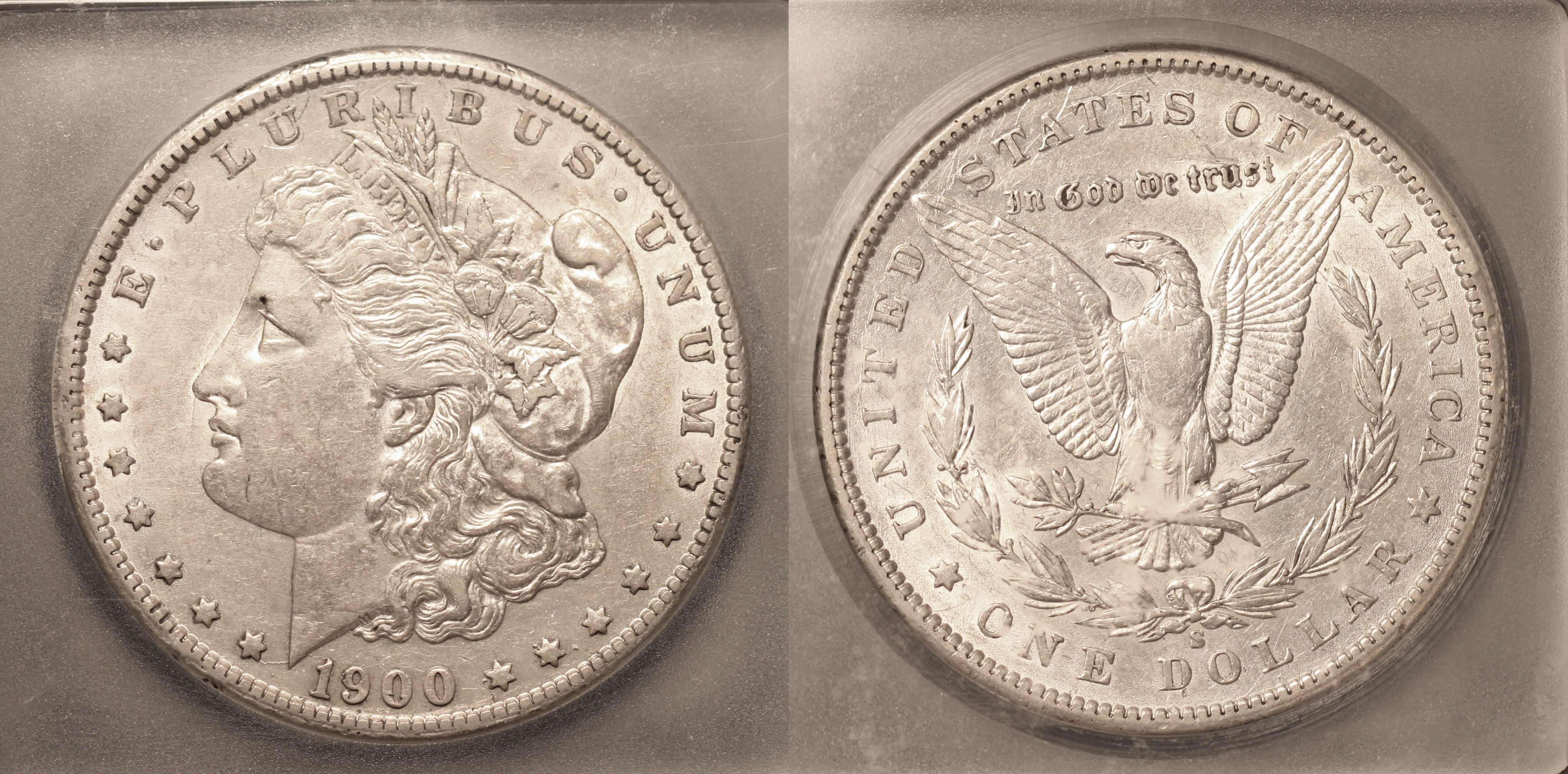 1900-S Morgan Silver Dollar ICG AU-50 camera