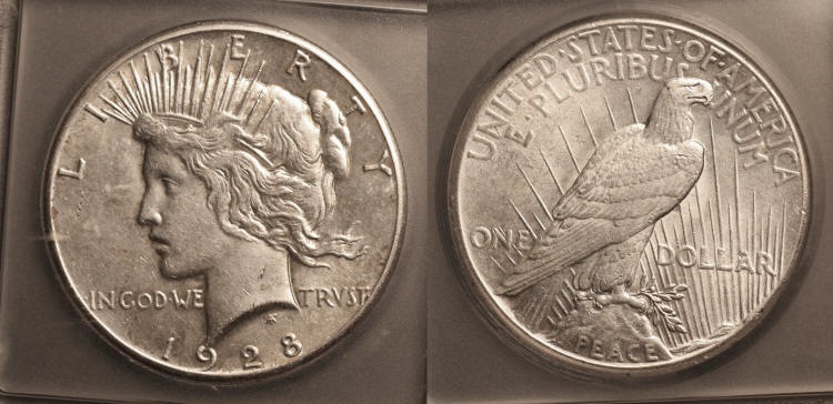 1928 Peace Silver Dollar ICG AU-58 camera small