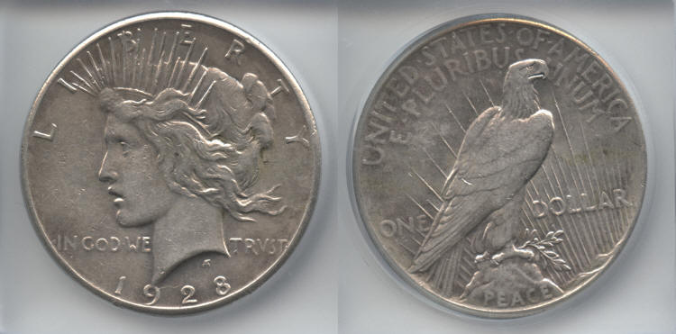 1928 Peace Silver Dollar ICG EF-45 small