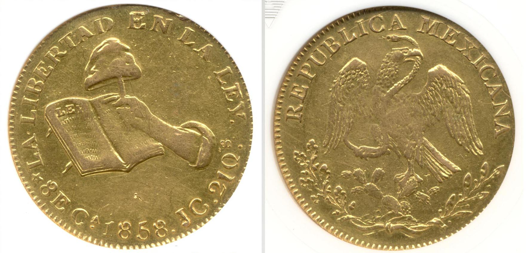 1858-Ca Mexico Gold 8 Escudos ANACS VF-20