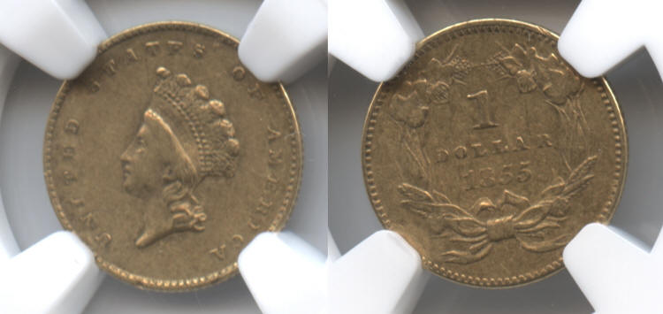 1855 Type II Gold Dollar NGC EF-45 small