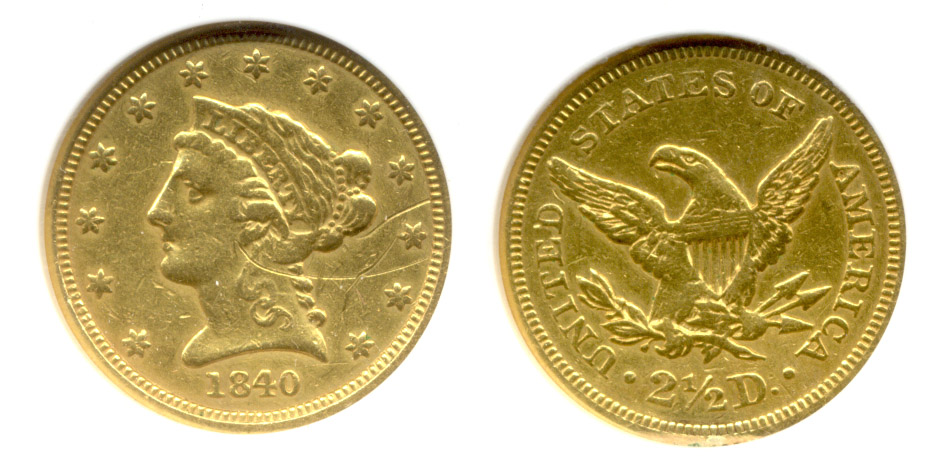 1840 Gold Quarter Eagle ANACS AU-50 net VF-30