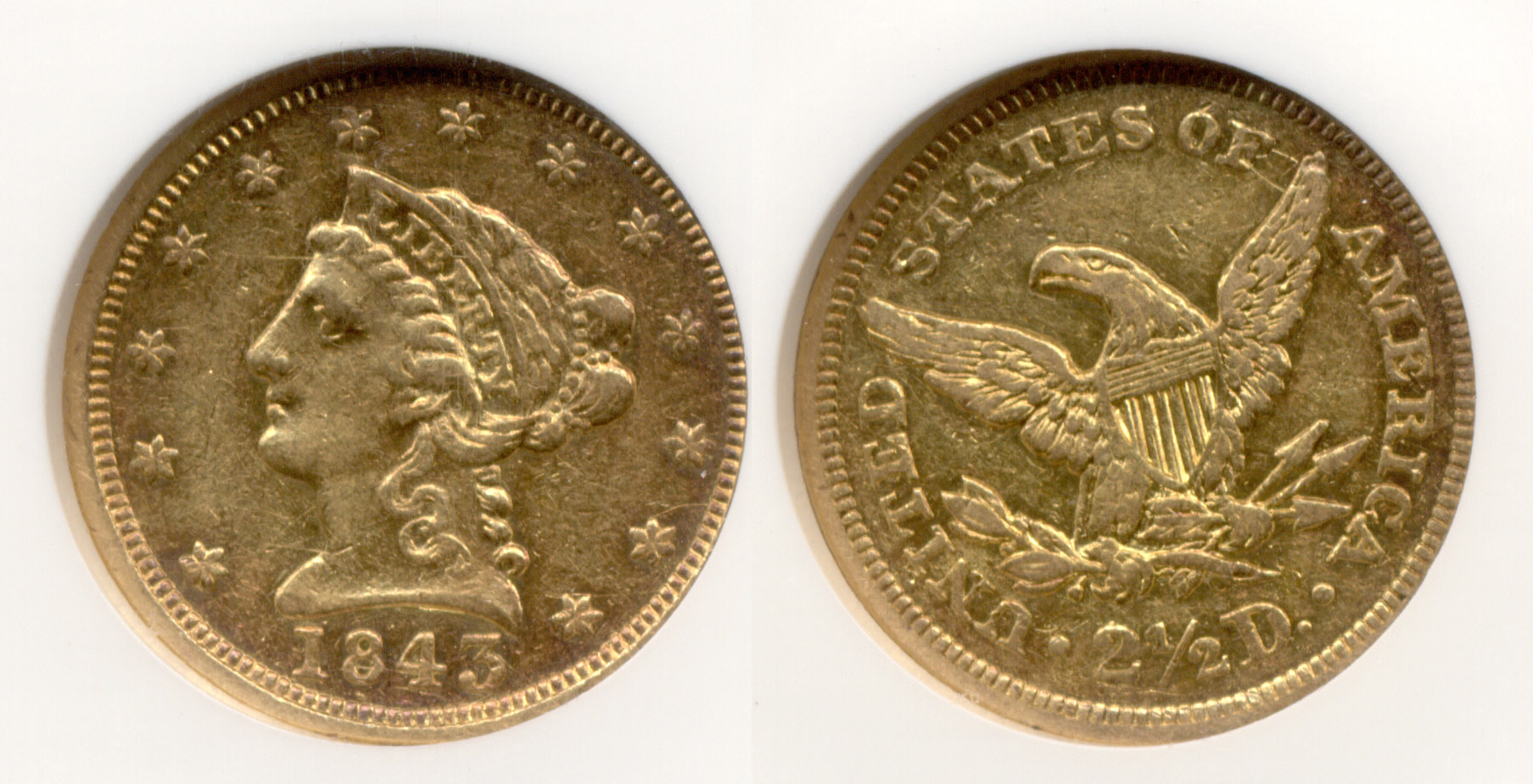1843 Gold $2.50 Quarter Eagle NGC AU-50