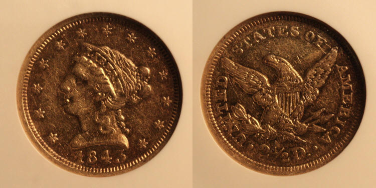 1843 Gold $2.50 Quarter Eagle NGC AU-50 camera small