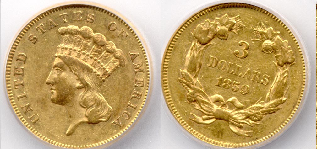 1859 Three Dollar Gold Piece ICG AU-50