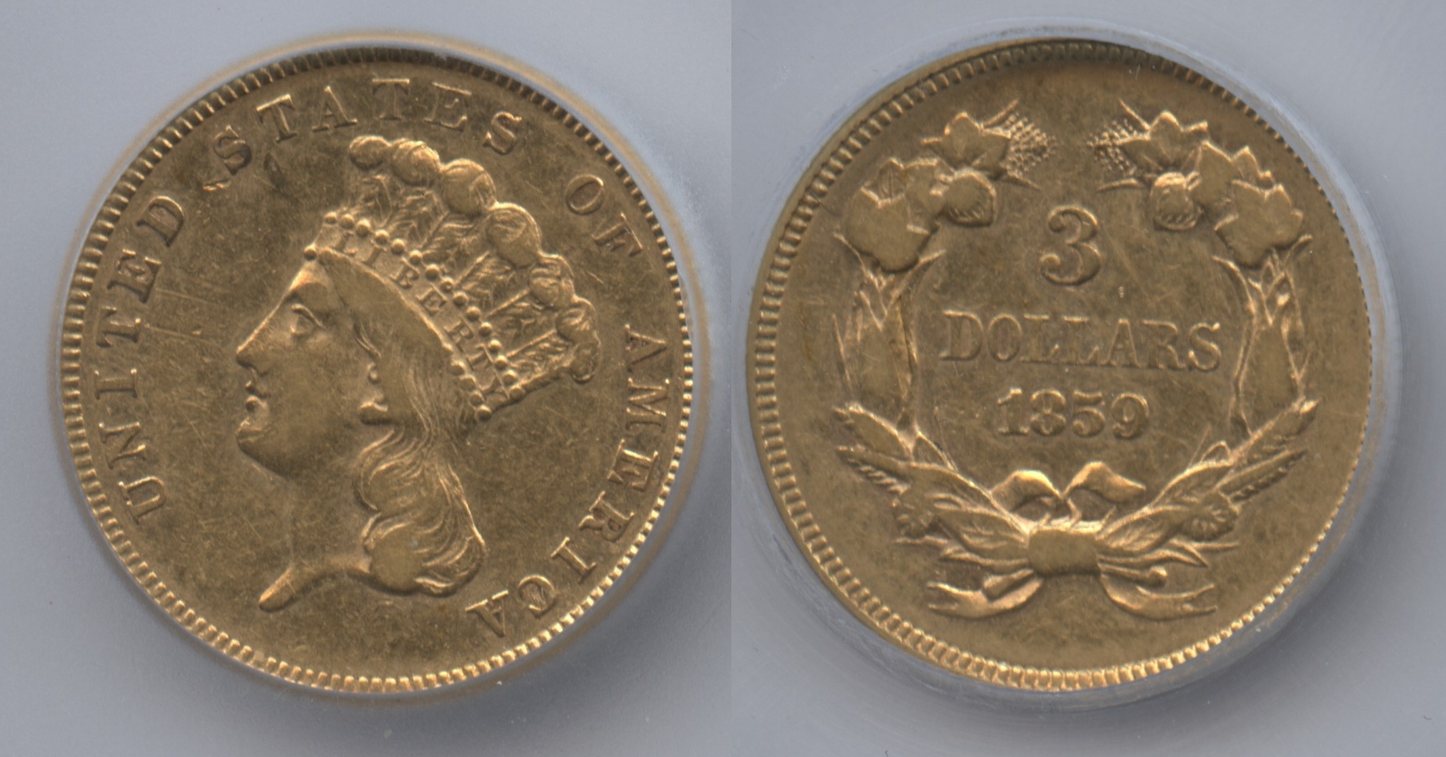 1859 Three Dollar Gold Piece ICG EF-45