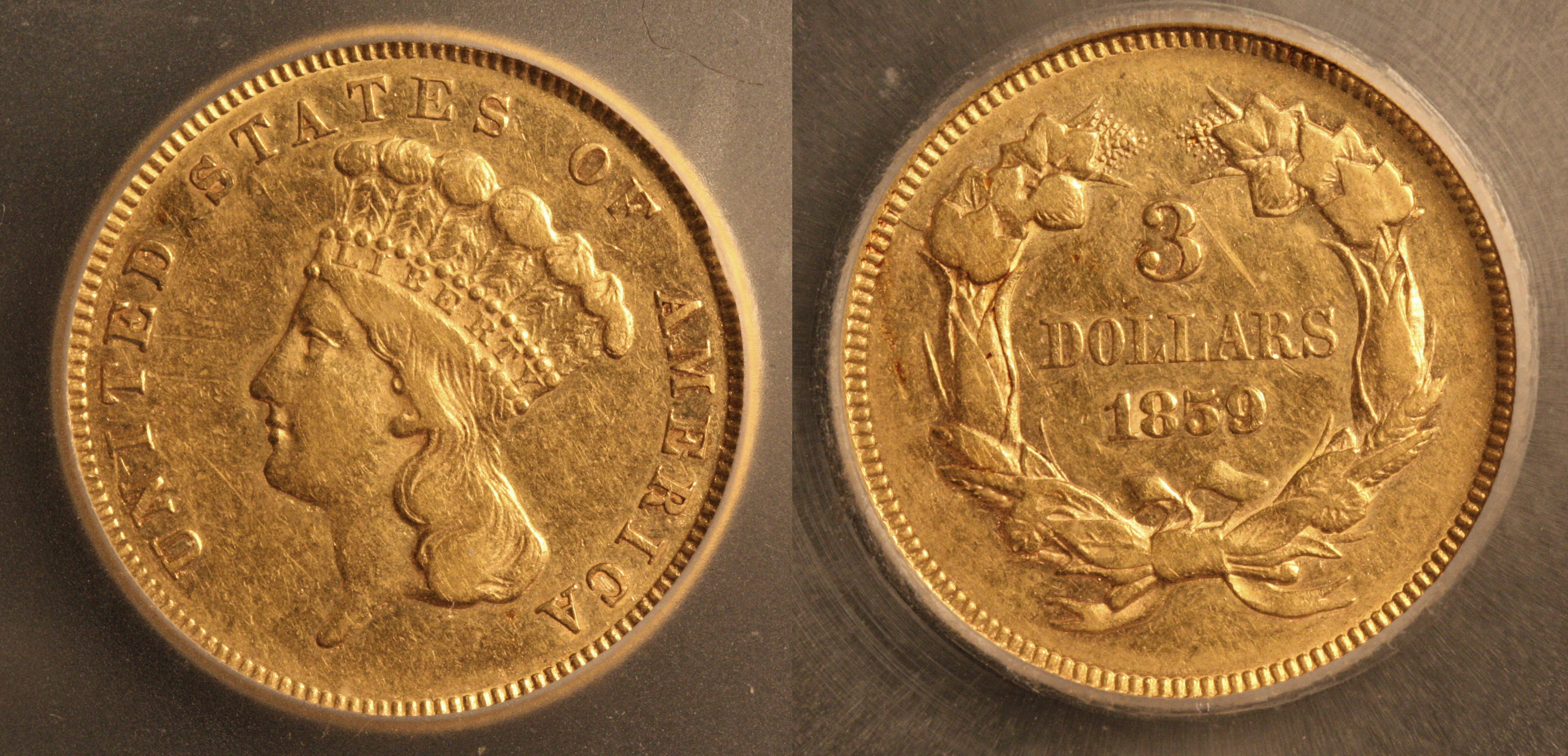 1859 Three Dollar Gold Piece ICG EF-45 camera