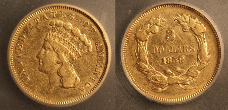 1859 Three Dollar Gold Piece ICG EF-45 camera small