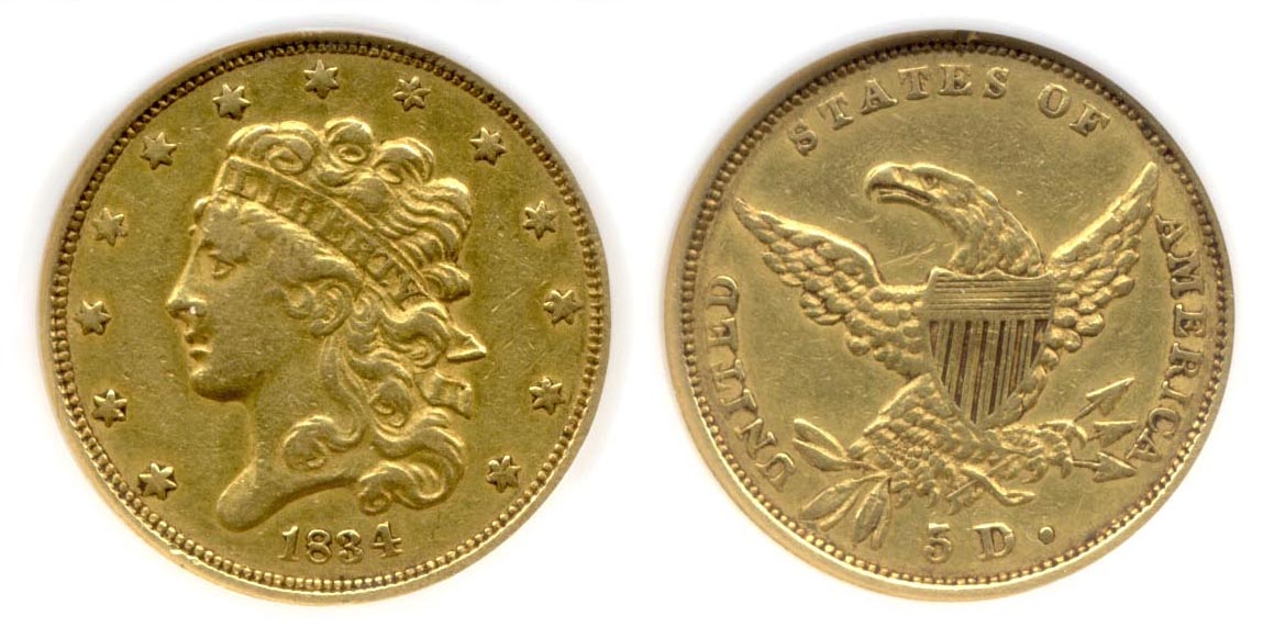 1834 $5.00 Half Eagle PCI EF-45